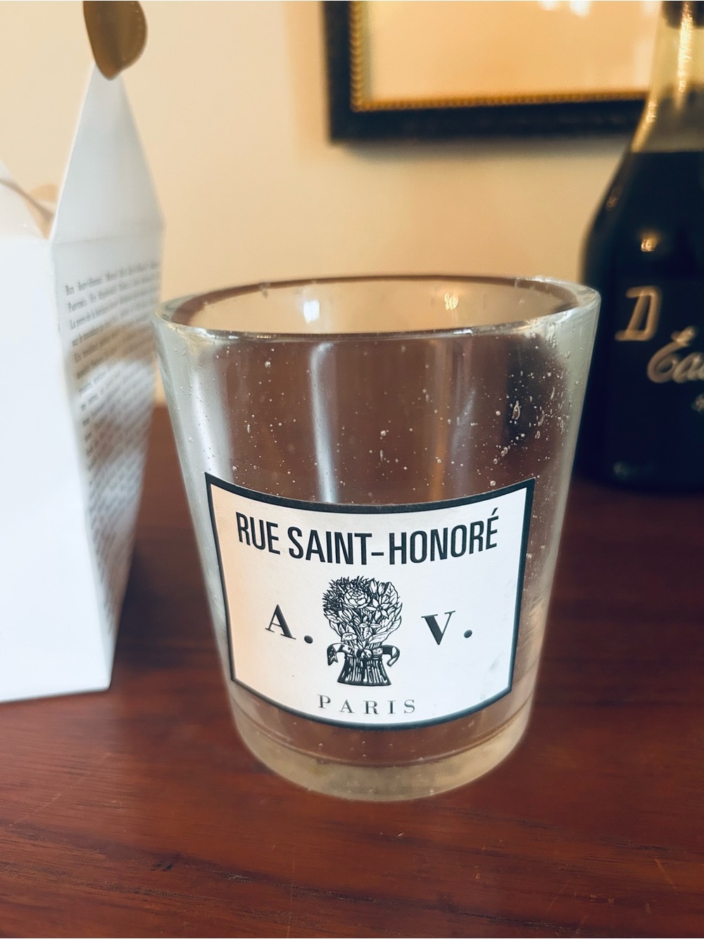 Astier de Villatte empty Rue Saint-Honore handblown luxury candle jar.